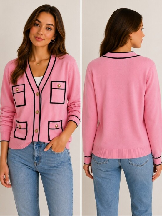 Sweaters - Vintage Inspired Pink Contrast Trim Gold Button Cardigan Sweater Preppy Chic M